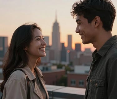 A candid moment of joy between two people on a city rooftop at sunset, North American skyline in soft focus, warm cinematic lighting.
