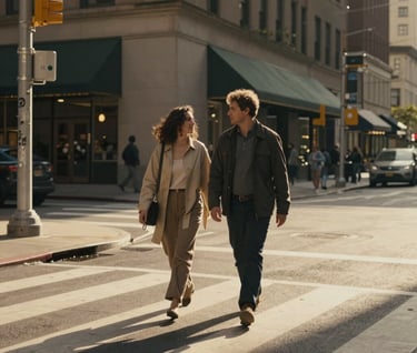 Candid shot of a couple walking across a city crosswalk in a US downtown, warm golden light, cinematic perspective, soft charcoal tones.