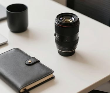 A close-up photograph of a minimalist desk in a South American / Brazilian corporate environment, with a high-end camera lens and a leather notebook, soft shadows, off-white and charcoal grey colors.