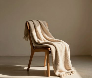 A minimalist composition showing a simple wooden chair and a soft beige blanket in a sunlit South American / Brazilian studio corner, ready for a maternity session. The lighting is warm and welcoming.