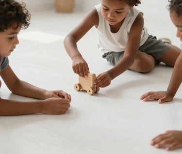 A candid shot of children playing with a wooden toy on a pearl white floor. Minimalist South American / Brazilian interior design. Soft shadows, high-quality professional photography with a clean look.