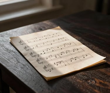 A poetic image of sheet music resting on a dark charcoal wooden table, lit by a single beam of warm sand colored light from a nearby window.