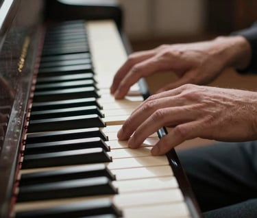 A close-up of a musician's hands resting gracefully on the ivory keys of a piano. The color palette is dominated by dark charcoal and soft off-white, emphasizing a calm and creative journey.
