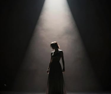 A blurred, artistic silhouette of a performer on a stage under a single soft off-white spotlight. The background is a velvety dark charcoal, capturing a moment of pure musical artistry.