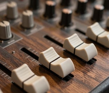 A macro photograph of vintage mixing board faders, with warm walnut brown tones and soft off-white light catching the metallic edges, symbolizing the technical artistry of the project.