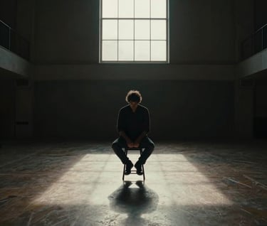 A wide shot of the musician sitting on a stool in a vast, empty hall. Deep charcoal shadows and soft off-white light filtering through a high window, very immersive atmosphere.