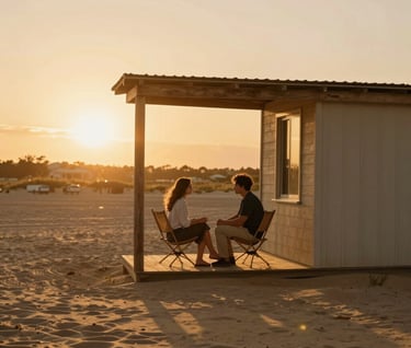 Rectangular centered photograph of a couple sitting on a porch at sunset, sharing a quiet moment. Warm golden-hour light floods the scene. Natural, unposed interaction. Soft sand and tan tones dominate the palette.