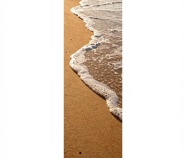 Elegant vertical strip image. A pure white background featuring a slim vertical slice of a sun-drenched coastal landscape with golden sand and soft sea foam. High-end cinematic aesthetic.