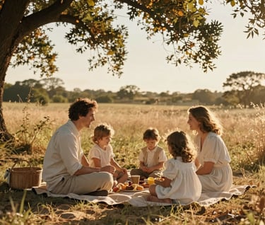 A family of four enjoying a picnic in a meadow during the golden hour. Sun-drenched environment, natural interactions, cinematic wide shot. Colors include warm sand, soft off-white clothing, and golden oak light.