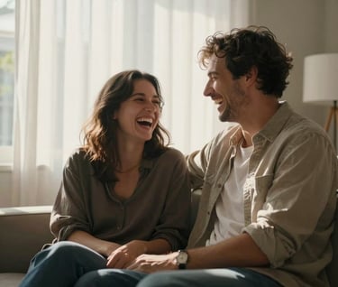 A couple laughing together in a brightly lit, modern living room. Natural sun rays streaming through soft off-white curtains. Cinematic composition focusing on genuine joy and warmth.