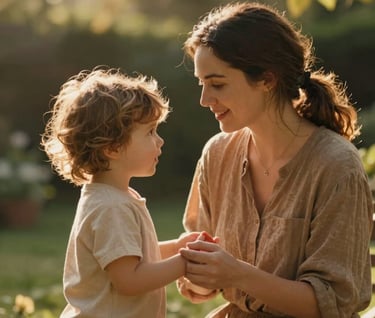 Cinematic photography of a mother and child playing in a warm, sun-drenched garden. Soft, natural light illuminating their expressions. Candid, warm golden brown aesthetic.