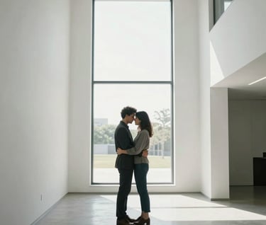 A minimalist portrait of a couple embracing in a modern, white-walled architectural space in the North American / US. Natural light streaming from a large window, clean lines, professional portfolio style.