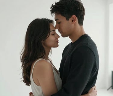 A high-end portrait of a couple embracing in a minimalist studio setting, clean white walls, professional lighting emphasizing texture and soft emotion, North American style.