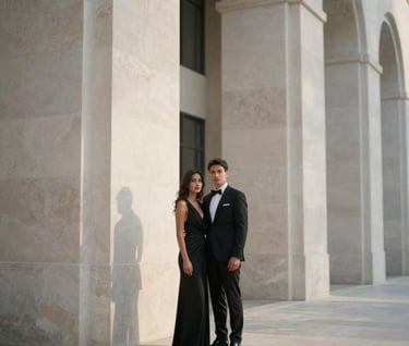 A sophisticated photograph of a couple in evening attire standing before minimalist limestone architecture. Soft afternoon sun and clean lines. North American / US city.