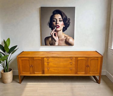 Large Nathan Mid-Century Modern teak sideboard, vintage 1970s MCM storage cabinet with clean lines, perfect for retro or cont