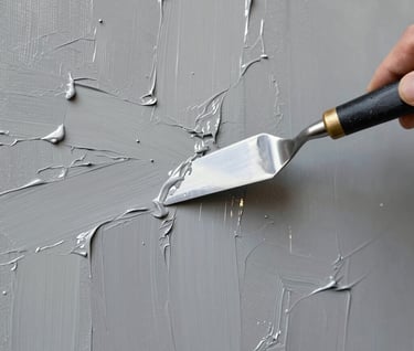 Detail of a contemporary painting showing thick layers of light grey and silver paint applied with a palette knife, reflecting a modern European aesthetic.