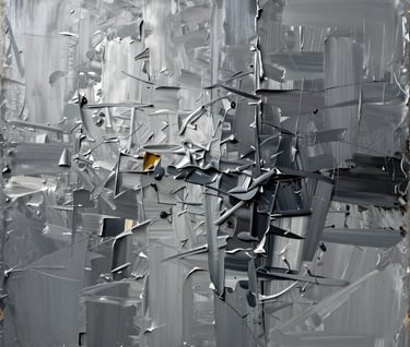 A high-resolution detail of an abstract mixed-media painting. The surface shows thick textures of silver and charcoal pigments with expressive but controlled brushstrokes. The style is contemporary and sophisticated, capturing a sense of movement.