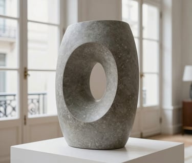 A modern minimalist sculpture made of smooth dim gray stone, featuring geometric yet organic curves. It is placed on a simple white pedestal in a bright French apartment with large windows and natural light, highlighting the refined textures.
