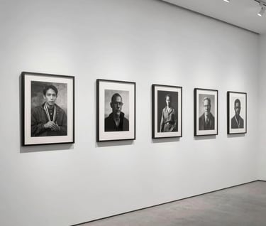 An art installation view in a minimalist French gallery with white smoke walls. Several framed monochrome works are arranged with precision, creating a sense of quiet and deep reflection in a modern, clean space.