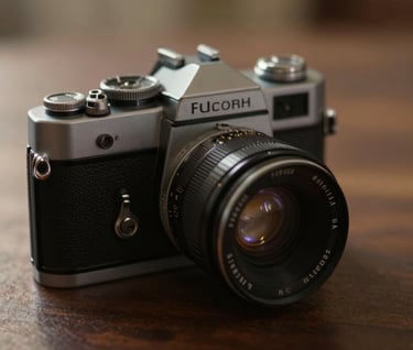 A vintage manual camera resting on a dark wood surface, warm sidelighting highlighting the metallic details.