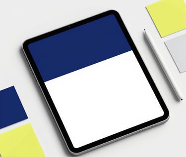 A clean, modern flat lay of design tools, including a high-end tablet, stylus, and color swatches, representing a passion for digital design. Incorporate colors #0A1128, #1E3F66, #E2B941, and #F5F8FA.