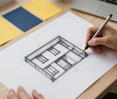 An architectural sketch and color palette swatches of yellow and dark blue on a professional drafting table. The lighting is crisp and even, highlighting the meticulous detail of a designer's process and a commitment to innovation and aesthetic quality.