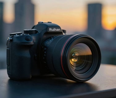 A professional DSLR camera lens resting on a sleek dark desk, reflecting a modern cityscape with yellow sunset lights. The image conveys Ruihan's hobby of photography and an eye for detail. The color palette is dominated by dark blues with vibrant yellow highlights.