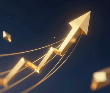 An abstract 3D visualization representing Venture capital and growth. It features golden geometric shards and yellow light trails cutting through a dark blue space, symbolizing innovation, strategic insight, and analytical depth. Modern, clean, and professional aesthetic.