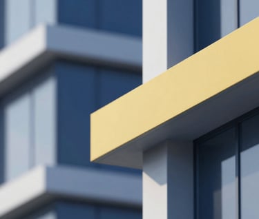 A modern architectural element showcasing forward-thinking design, with clean lines, glass textures, and a professional aesthetic. Incorporate colors #0A1128, #1E3F66, #E2B941, and #F5F8FA.