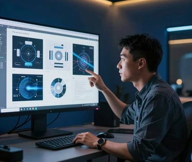 Ruihan, a professional with an eye for detail, reviewing a series of design concepts on a large screen in a dimly lit, sophisticated studio. The room is accented with deep blue furniture and yellow mood lighting. Professional and engaging.