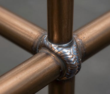 Macro photography of a seamless weld joint on a warm bronze handrail. The texture is smooth and matte, showcasing high-end technical precision and industrial elegance.