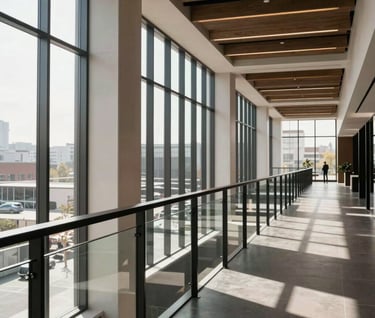 A long-perspective view of a luxury office lobby featuring linear black steel railings. The sunlight streams through large windows, highlighting the clean lines and industrial sophistication.