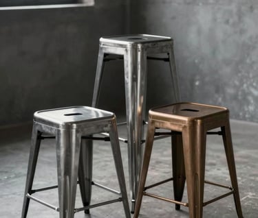 Three minimalist metal stools of varying heights, crafted from stainless steel and warm bronze. They are arranged artistically in a studio with steel grey accents and industrial windows.