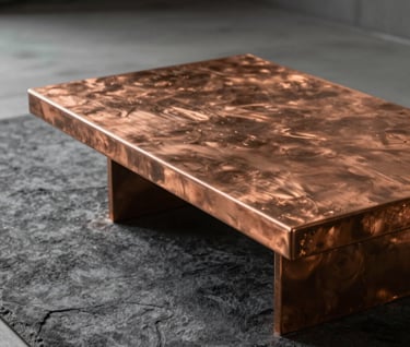 A bespoke copper coffee table with a brushed finish, placed on a dark slate grey rug. The lighting is warm and directional, catching the metallic sheen of the hand-finished surface. Minimalist architectural interior style.
