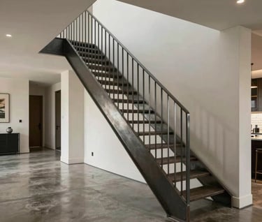 Wide-angle interior shot of a modern home featuring the full steel staircase. The flooring is polished concrete. The atmosphere is sophisticated and professional, showcasing the structure's physical presence in the space.