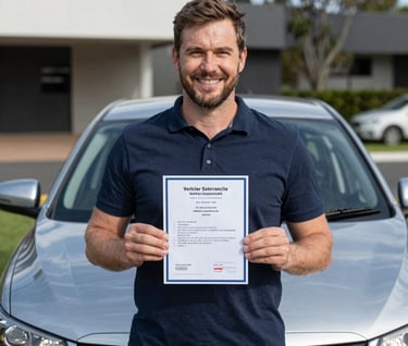 Measuring a vehicle with precision tools outside a client's home on a clear day.