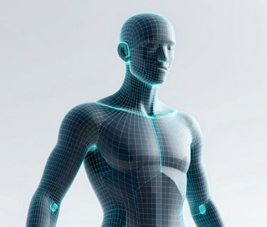 A detailed 3D wireframe of a complex geometric character, showing the precision of the underlying mesh. Modern, clean aesthetic with glow lines in #8FE3F5.