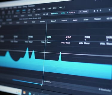 A close-up of a digital timeline showing keyframes and motion curves on a professional animation software interface, lit with a tech-blue #8FE3F5 glow.