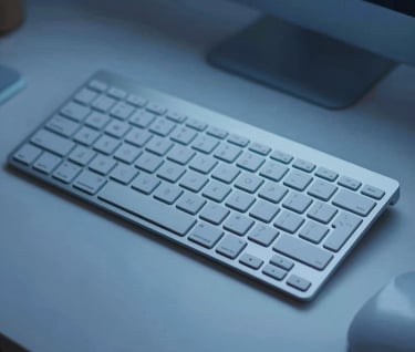 Clean, top-down view of a professional designer's desk with a metallic keyboard, soft blue ambient light, and a minimalist feel.