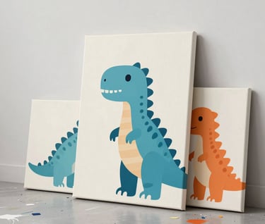 A stylish studio shot showing several Dino-Pop canvases leaning against a wall. The paintings feature colorful dinosaurs in #D87D51 and #1F3A4B. The setting is bright and artistic with paint splatters on the floor.