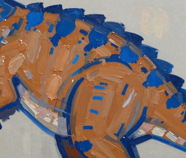 A detail shot of an acrylic painting showing thick, textured brushstrokes of #D87D51 and #1F3A4B paint on a canvas, forming the pattern of dinosaur scales in a stylized pop-art fashion.