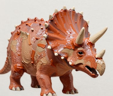 Macro close-up of acrylic paint textures on a canvas. The image shows thick, expressive brushstrokes in #D87D51 terracotta and #C6B29B beige, forming the scales of a pop-art Triceratops.