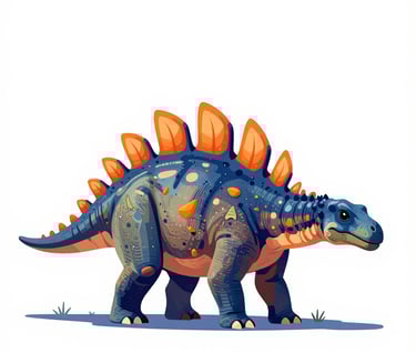 A Stegosaurus depicted in a colorful, graphic art style. Its plates are highlighted in a glowing #D87D51 orange against its #1F3A4B body. The style is fresh and sophisticated, reflecting contemporary pop culture.