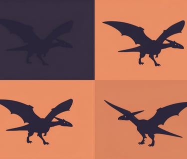 A series of four small Pterodactyl silhouettes arranged in a pop-art grid. Each quadrant uses alternating colors from the palette: #1F3A4B and #D87D51. The style is flat, graphic, and modern.