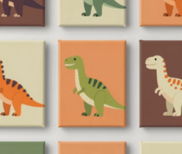 A collection of small canvases arranged on a wall, each featuring a different dinosaur in a bright pop-art style using the brand palette of #1F3A4B, #D87D51, and #C6B29B.