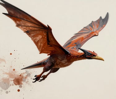 An action shot of a Pterodactyl painting, with dynamic splatters of #D87D51 acrylic paint creating a sense of movement against a #F9F5EF background.