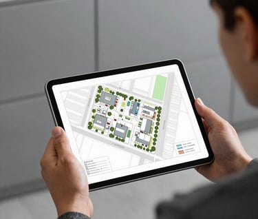A close-up shot of a digital tablet showing a detailed site plan, held by a young professional in a modern North American / US studio. The background is a clean Steel Grey wall.