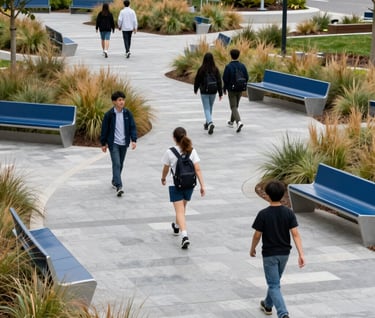 A wide-angle professional photograph of a revitalized outdoor plaza at a North American / US college. Students are walking on clean silver grey stone paths surrounded by native grasses and modern steel blue benches. The lighting is crisp and inviting.