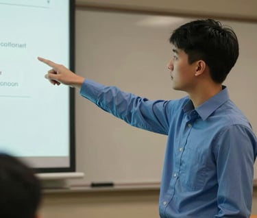 A student giving a professional presentation in a North American / US college classroom. They are pointing towards a screen (out of frame), dressed in a professional slate blue shirt. The lighting is warm and encouraging.