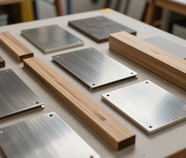 A detail shot of sustainable materials used in the project, including recycled wood and brushed silver metals, arranged in an organized, artistic composition in a North American / US workshop.